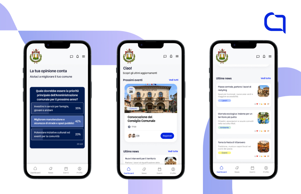 Tre schermate di cellulari in cui vengono mostrate le funzionalità di CommLine: sondaggi, eventi, news